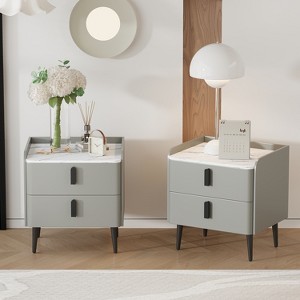 Lyngins 2 Drawers Nightstand Set of 2,End Table with Marble-Pattern Tabletop for Bedroom,Living Room,Gray - 1 of 4
