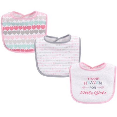 Luvable Friends Baby Girl Cotton Drooler Bibs with Fiber Filling 3pk, Girl Thank Heaven, One Size