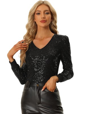 Allegra K Sequin Crop Top for Women's Long Sleeve V Neck Sparkly Shiny  Party Blouse Shirt : : Clothing, Shoes & Accessories