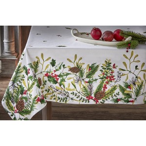 tagltd Winter Sprig White Cotton Tablecloth with Pinecone and Holly 84"L x 60"W - 1 of 3