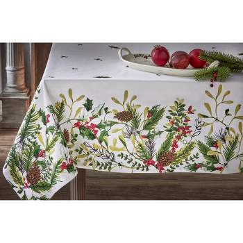 tagltd Winter Sprig White Cotton Tablecloth with Pinecone and Holly, 84"L x 60"W