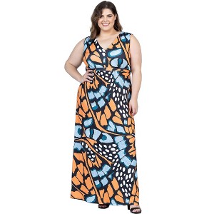 24seven Comfort Apparel Plus Size Orange Butterfly Print V Neck Tie Back Empire Waist Sleeveless Maxi Dress - 1 of 4