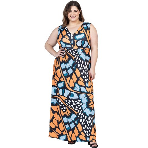 24seven Comfort Apparel Plus Size Orange Butterfly Print V Neck Tie Back Empire Waist Sleeveless Maxi Dress - image 1 of 4