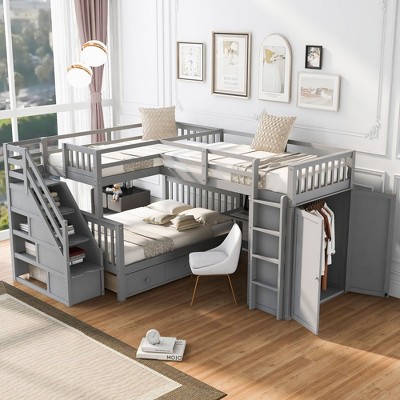NicBex Twin-Twin over Full Loft Bed Triple Pine Bed Frame with Wardrobe, Drawers, Storage Stairs and Guardrail, No Box Spring Required