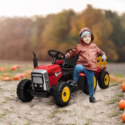 Red 12-Volt Ride-On Tractor with Trailer and LED Lights