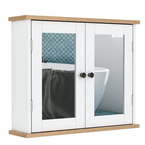 kleankin Wall Mounted Bathroom Medicine Cabinet with Mirror Steel Frame and Storage Organizer Double Doors White