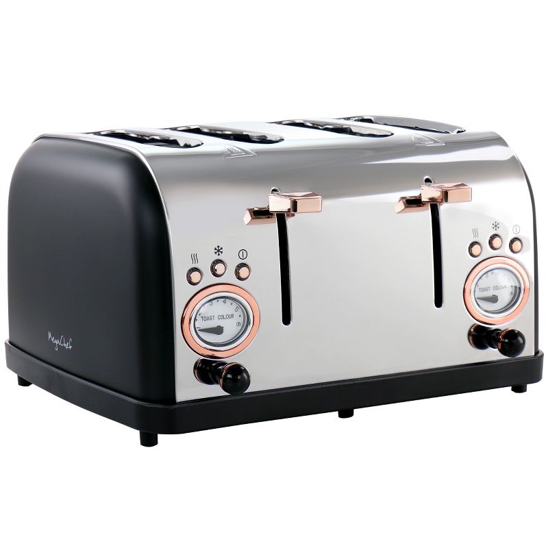 MegaChef 4 Slice Wide Slot Toaster with Variable Browning in Black and Rose Gold, 1 of 8