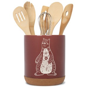 Elanze Designs Kitchen Utensil Holder With Non Slip Cork Base Large 8 Inch Ceramic Storage Crock Forest Animal Countertop Organizer Floral Bear Red - 1 of 4