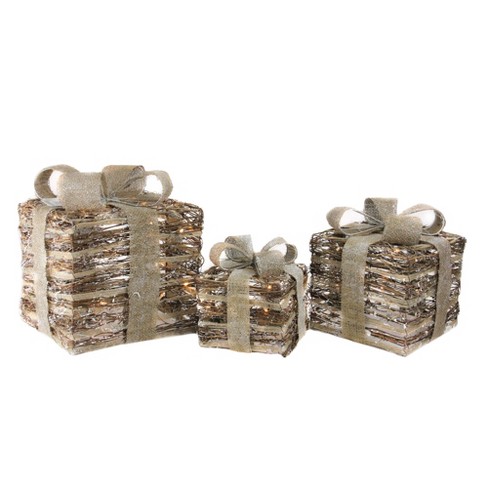 Forevercute Set of 3 Piece Lighted Rattan Gift Boxes Christmas Yard Art Decoration Color Gold US Plug 