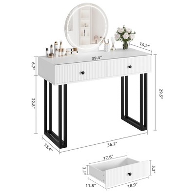 Dimensions diagram of white vanity desk with mirror and drawers