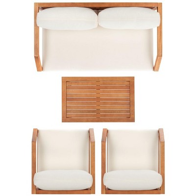 Natural Eucalyptus Wood 4-Piece Outdoor Living Set with Beige Cushions