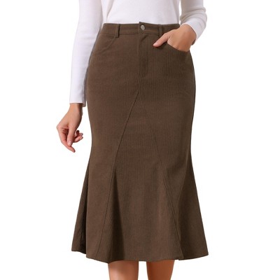 INSPIRE CHIC Women's Corduroy High Waist Button Front Fishtail Skirt with Pockets Midi Skirts