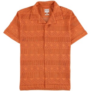 GUESS Mens Crochet Knit Button Up Shirt, Orange, X-Large - 1 of 2