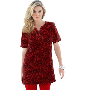 Roaman's Women's Plus Size Print Notch Neck Soft Knit Tunic - 1 of 4