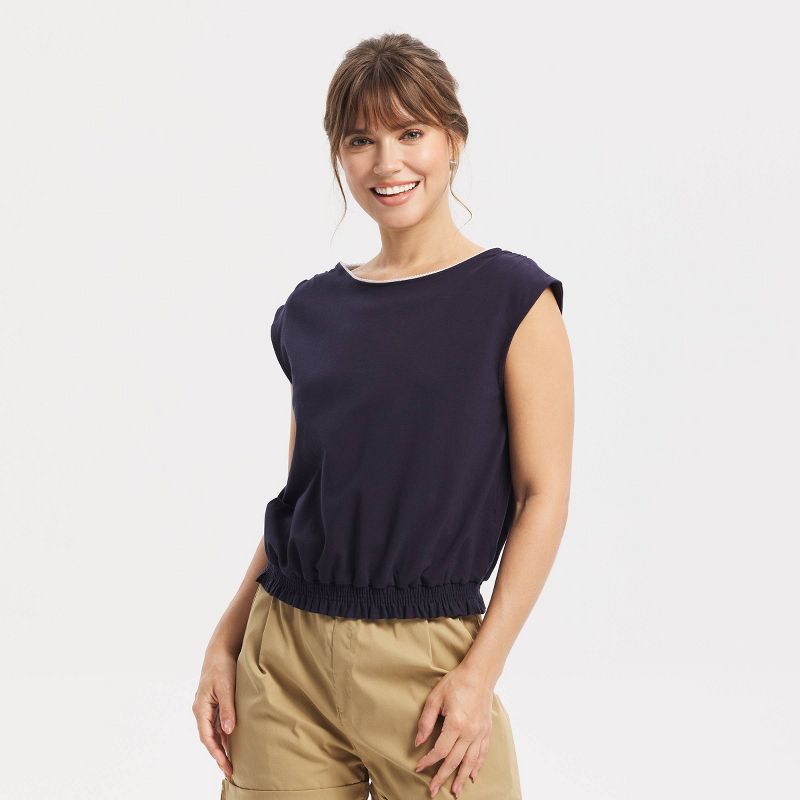 Women's Cap Sleeve Lace Trim Smocked Top - Universal Thread™ Navy Blue XS