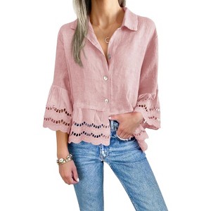 Imily Bela Womens 3/4 Bell Sleeve Eyelet Button Down Shirt Casual Ruffle Hem Blouse - 1 of 4