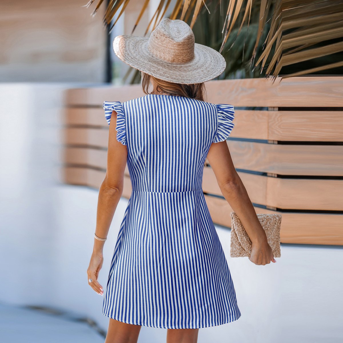 Женские платья Cupshe Women's Striped Button-Down Ruffle Sleeve Shirt Dress-L-Royal blue — фото 3