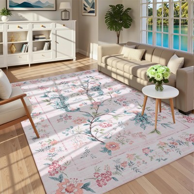 Washable Vintage Floral Printed Rug Non Slip Low Pile Rug Soft Farmhouse Throw Floor Cover Foldable Indoor Carpet for Living Room Bedroom Playroom