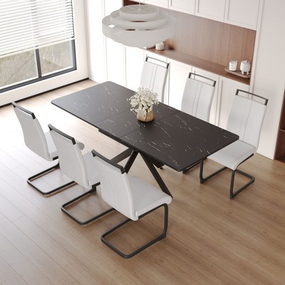 NicBex Dining Table Set for 6 Modern Extendable Dining Room Table with MDF Tabletop, Trestle Base and 6 PU Chairs for Kitchen