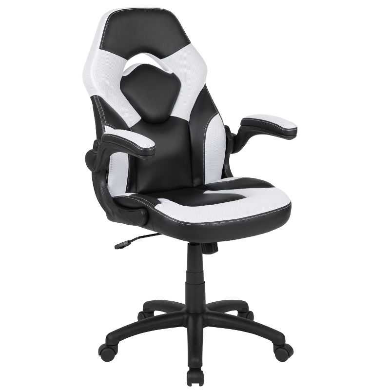 BlackArc High Back Gaming Chair with White and Black Faux Leather Upholstery, Height Adjustable Swivel Seat & Padded Flip-Up Arms, 1 of 11