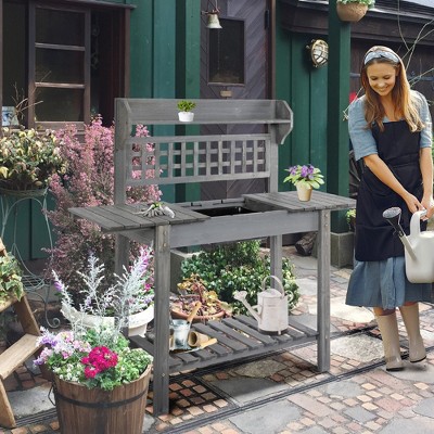 Gray Wooden Garden Potting Bench with Sliding Tabletop and Storage