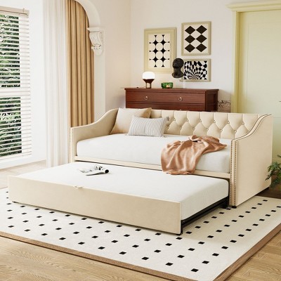 NicBex Twin Size Daybed with Trundle Upholstered Day Bed Frame 81.9" Daybed with Adjustable Trundle for Living Room