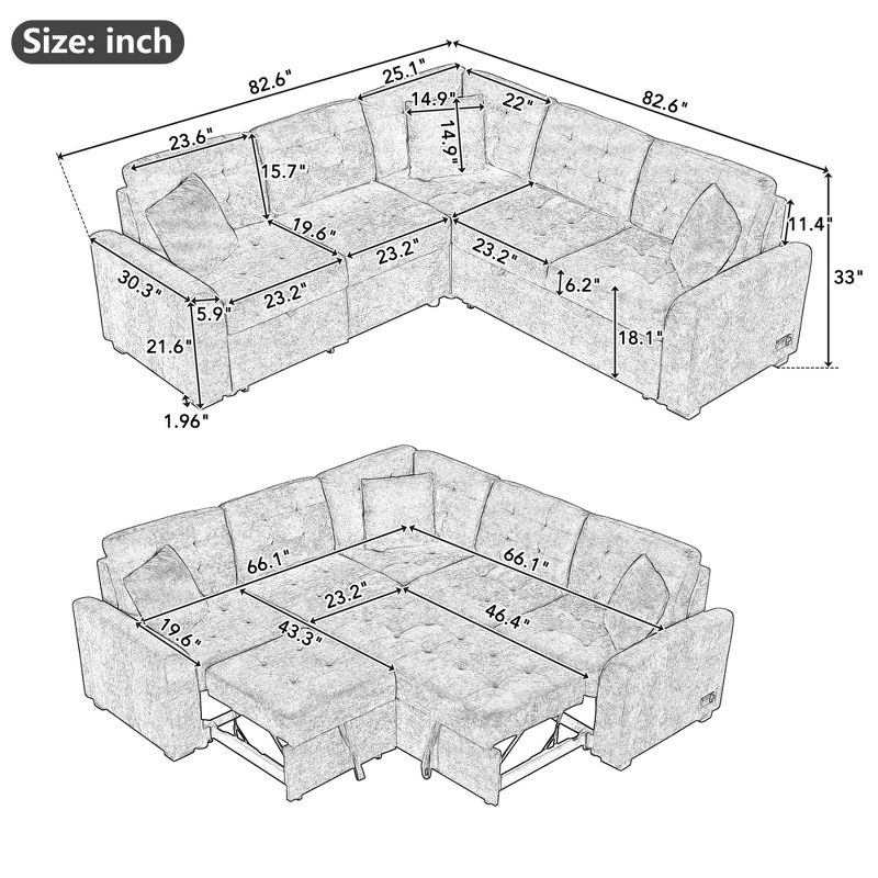 82.6" L-Shape Sofa Bed with Wheels, Pull-out Sleeper Sofa with USB Ports and Power Sockets - ModernLuxe, 3 of 14