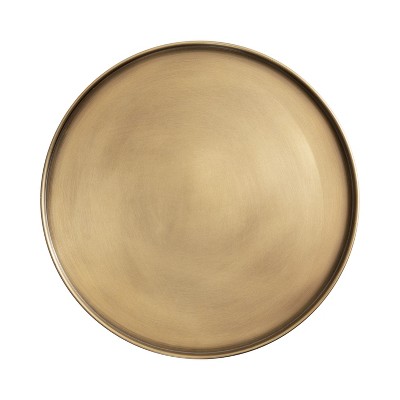 Walnut Brown and Brass Round Side Table with Wood Base