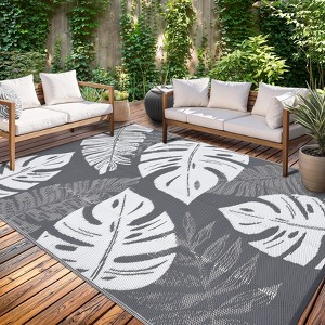 Waterproof Outdoor Rug | Tropics Palm Leaf Reversible Plastic Straw Mat | UV-Resistant Modern Patio Rug for Camping, Porch, Deck, Balcony & Beach - 1 of 4