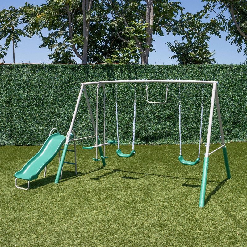 The Swing Company Yonkers Metal Swing Set with Glide Ride Trapeze Bar and 5&#39; Slide, 3 of 12