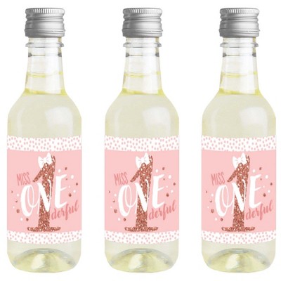 Big Dot of Happiness 1st Birthday Little Miss Onederful - Mini Wine Bottle Label Stickers - First Birthday Favor Gift for Women and Men - Set of 16