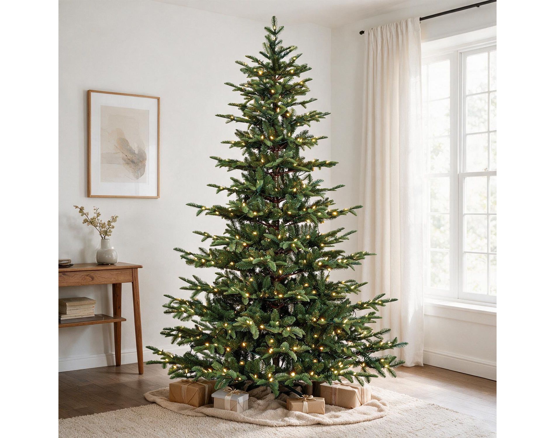 VIVATREES 7.5 Ft Prelit Artificial Christmas Tree With Warm White Lights, Hinged Branches, Metal Stand, Xmas Tree