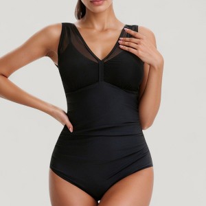 Anna-Kaci Swim Women's Mesh Insert V-Neck One Piece Swimsuit with Ruched Waist and Wide Shoulder Straps - 1 of 4