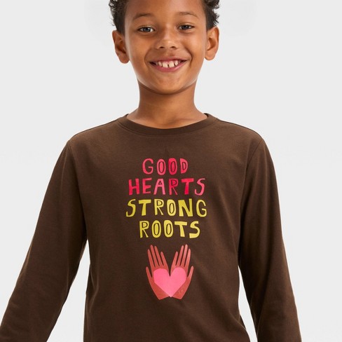 Boys Long Sleeve good Hearts Strong Roots Graphic T shirt Cat