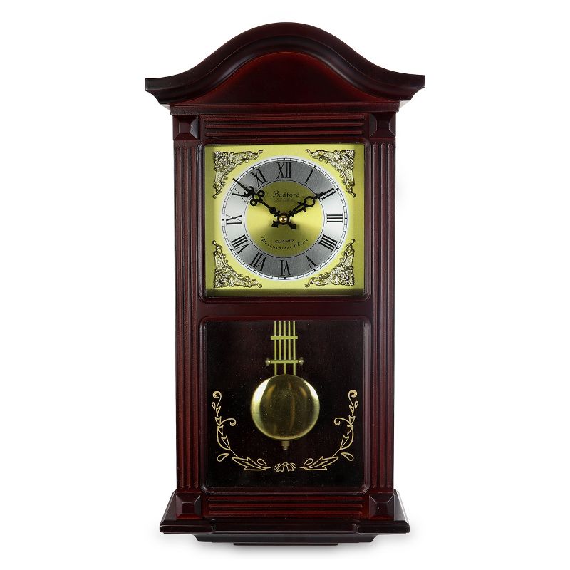 Bedford Clock Collection 22 Inch Wall Clock in Mahogany Cherry Oak Wood with Brass Pendulum and 4 Chimes, 1 of 6