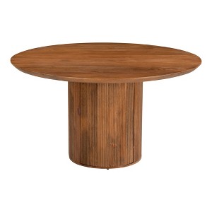 HomeRoots 56" Brown Solid Wood Ribbed Texture Pedestal Base Round Dining Table - 1 of 4