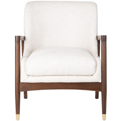 Scandinavian Cream Linen & Wood Transitional Accent Chair with Brass Tips