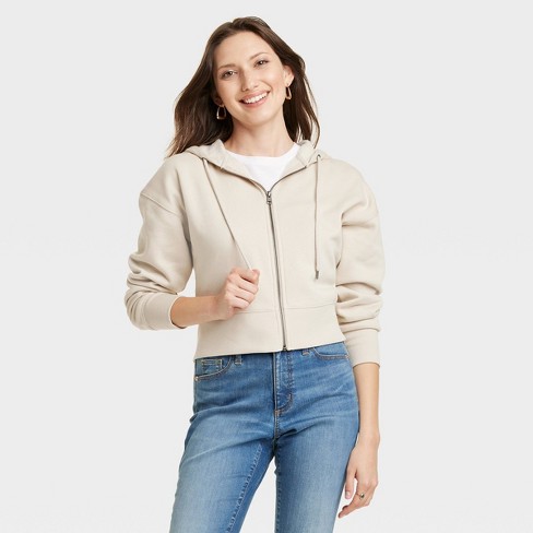 Women's Cropped Hooded Zip-Up Sweatshirt - Universal Thread™ Tan XL