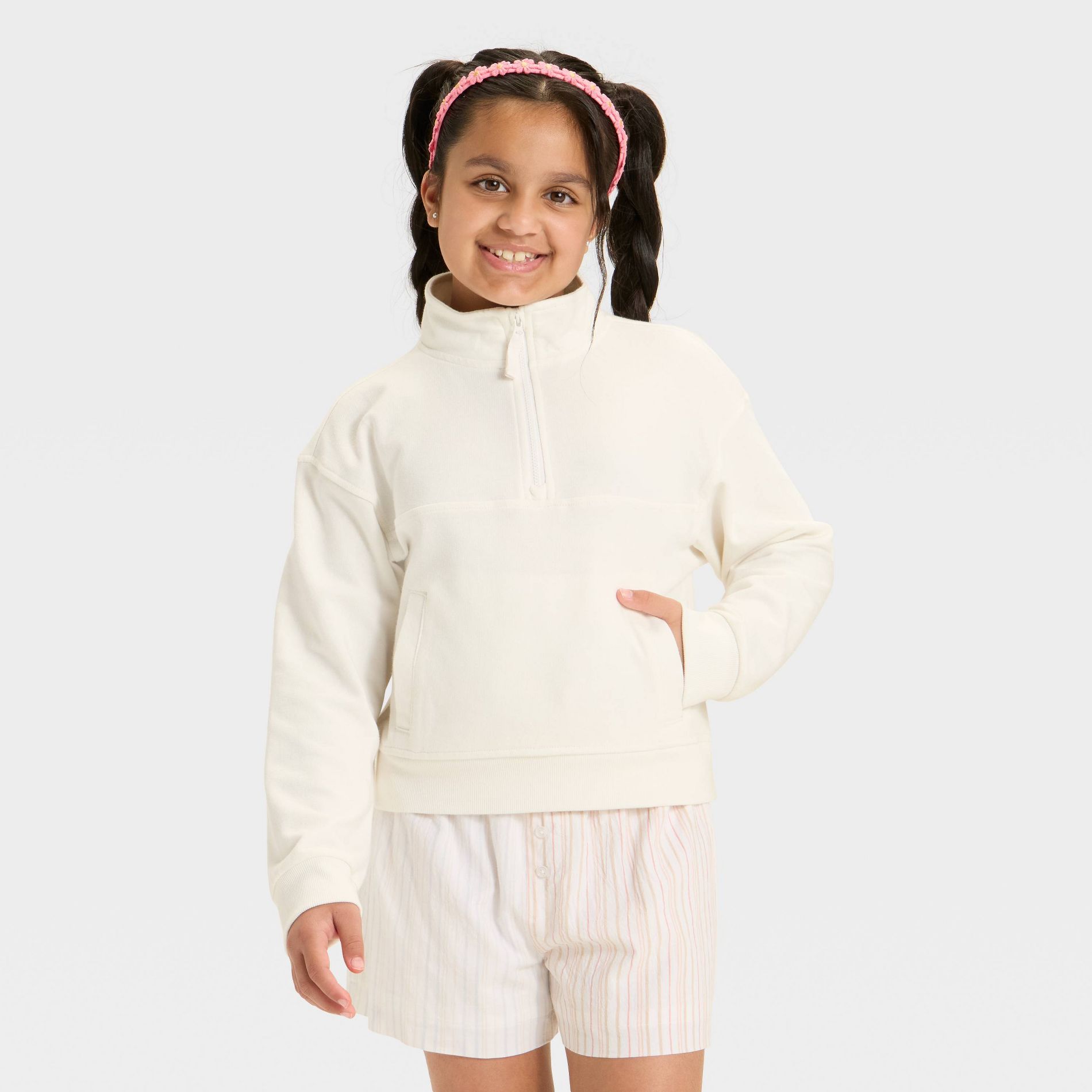 Girls' French Terry Quarter Zip Pullover Sweatshirt - Cat & Jack™ Cream M