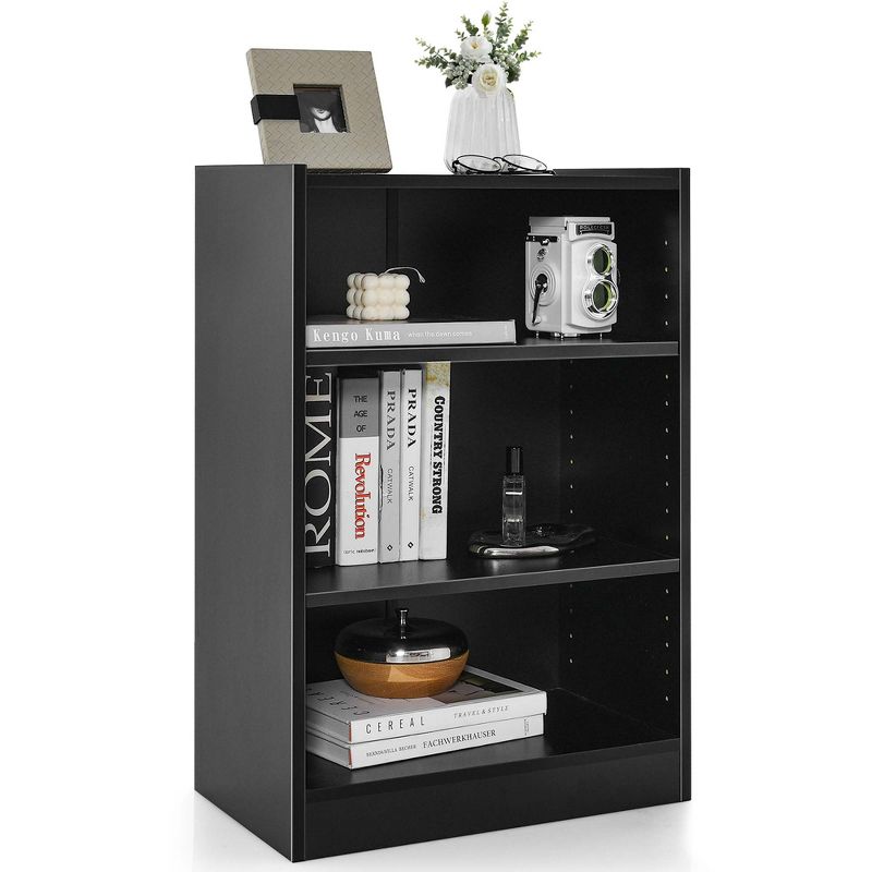 Costway 3-Tier Bookcase Open Multipurpose Display Rack Cabinet with Adjustable Shelves Black/Brown, 1 of 11