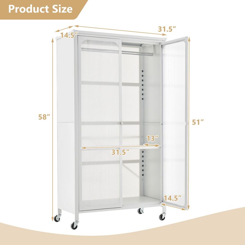 Costway Storage Wardrobe Cabinet Mobile Armoire Closet with Hanging Rod & Adjustable Shelf, 3 of 11