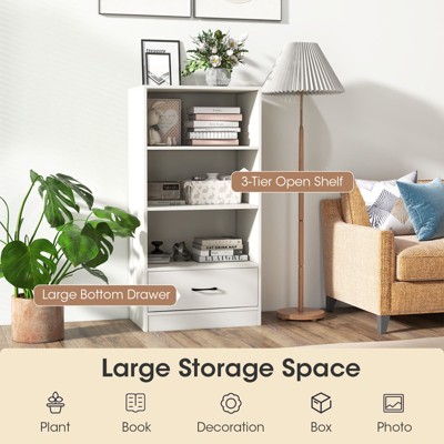 White 48" Modern Wood Bookcase with Drawer and Shelves