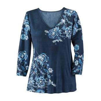 Collections Etc Blue Tonal Sequin Floral V-Neck Long Sleeve Top