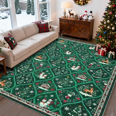 Christmas Area Rug with Tree & Snowflake Print, Non-Slip Floor Mat for Living Room, Bedroom, Dining Room and Playroom