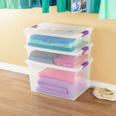 Clear Plastic Stackable Lidded Underbed Storage Boxes, 66 Quart, 6 Pack