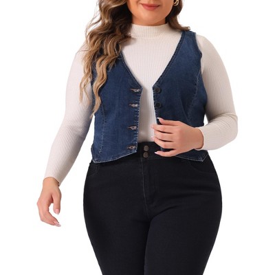 Agnes Orinda Women's Plus Size Sleeveless V Neck Button Down Casual Jean Denim Vest