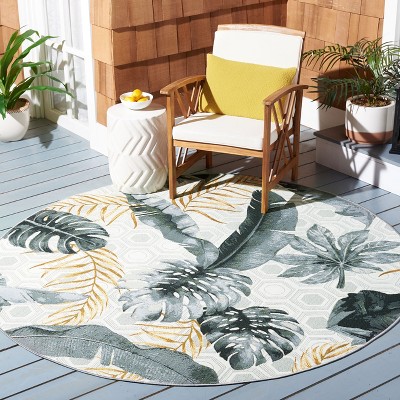 Gray and Gold Tropical Botanical Round Synthetic Area Rug, 8' x 8'