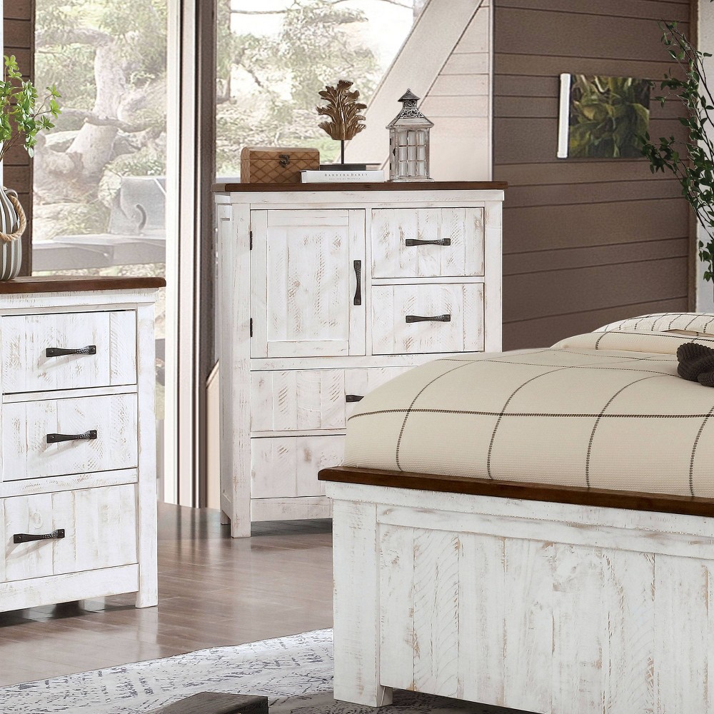 HOMES: Inside + Out Willow 4 Drawer Chest Distressed White/Walnut: Vertical Storage, Bedroom Organizer