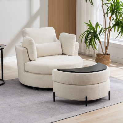 Hrinhom 42"W Chenille Upholstered Swivel Accent Chair with Pillows and Half-Moon Storage Ottoman