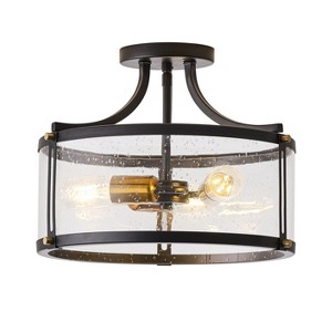 Dewdrop 3-Light Semi Flush Ceiling Light, Rustic Farmhouse Drum Chandelier with Black Frame and Clear Seeded Glass Shade - 1 of 4